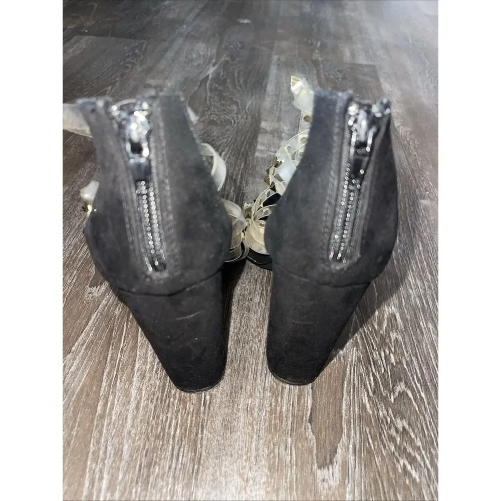 Liliana Crush Size 8 Black Suede Gold Strappy‎ Chunky Heel  , S-101